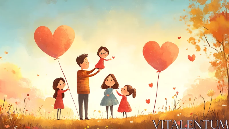 Family with Heart Balloons in Autumn Field at Golden Hour