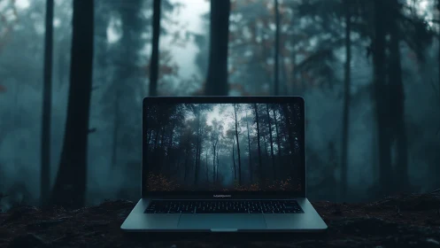 Laptop screen mirrors misty conifer forest in tonal symmetry