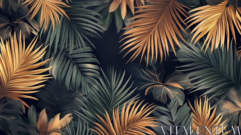 Midnight jungle leaves in deep teal and soft gold glow.