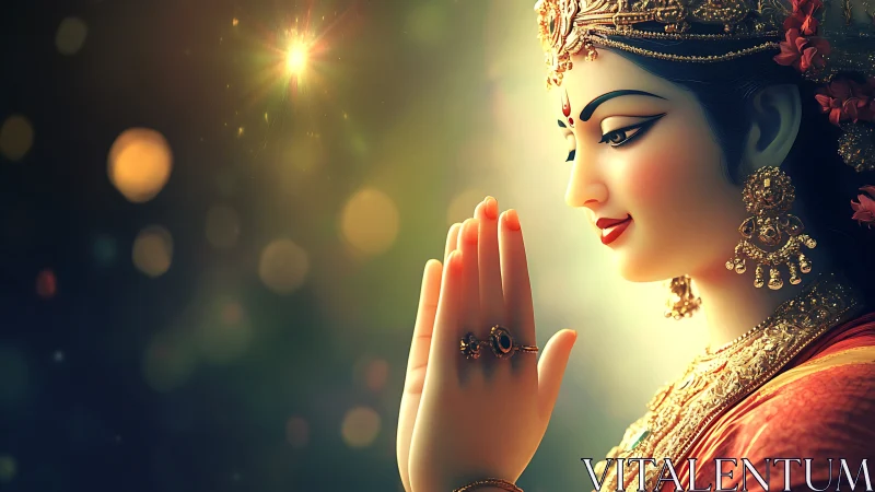 Profile view of ornate female figure posed in prayer