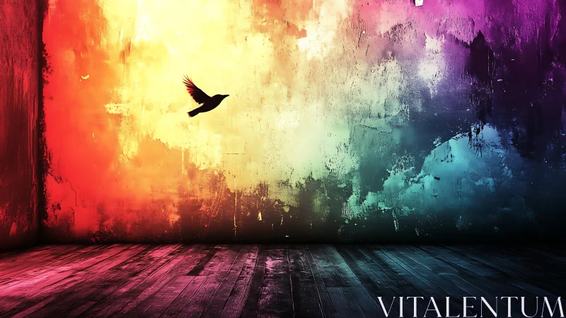 Chromatic interior gradient with silhouetted avian trajectory.