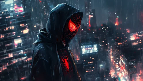 Hooded spider hero over neon city in heavy rain at night.