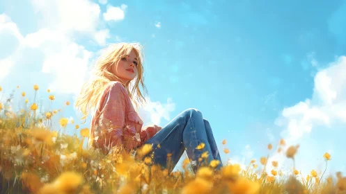 Figure sits in wildflower field under diffuse daylight sky