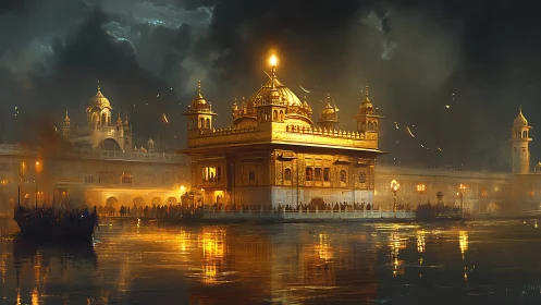 Gilded night temple afloat on reverent mirror waters.