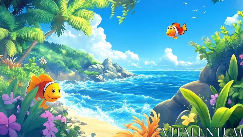 Tropical clownfish playground under candy-blue island skies.