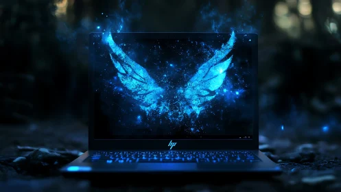 Glowing blue wings erupt from laptop screen in dark forest