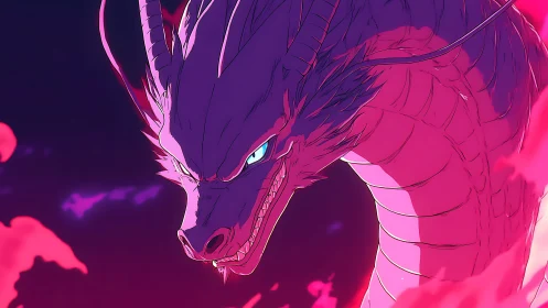Crimson dragon coils through neon mist with blazing gaze.