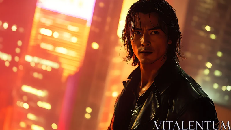 Brooding loner stands in neon city glow at nightfall.