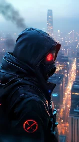 Neon-eyed watcher haunts a rain-slick cyberpunk skyline.