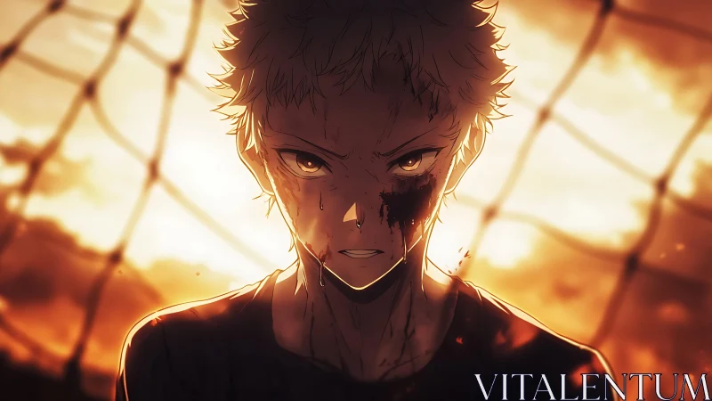 Determined anime athlete stands bloodied against a burning sky