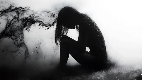 Silhouetted figure dissolving into swirling black ink clouds.