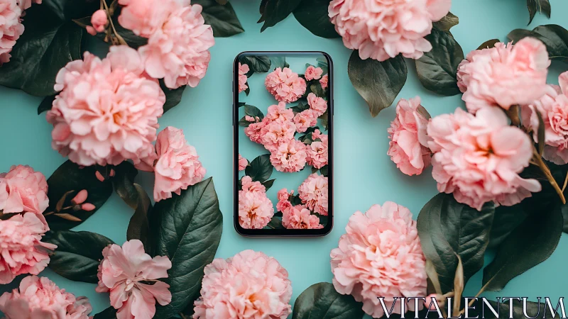 Smartphone displaying pink camellia flowers against turquoise background.