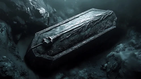 Ancient stone sarcophagus with embedded sword in ice cavern.