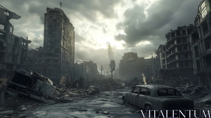 Ruined city street with wrecked buildings and abandoned car.