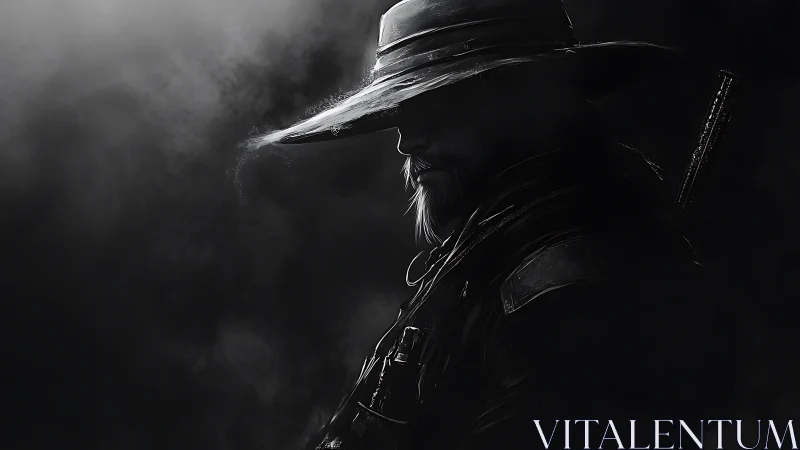 Shadowed gunslinger in dramatic monochrome side profile.