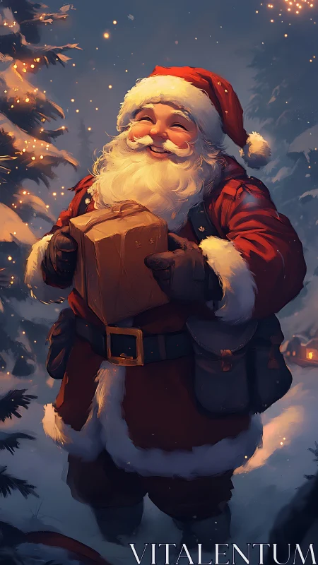 Joyful Santa delivers a cherished gift in snowy starlight