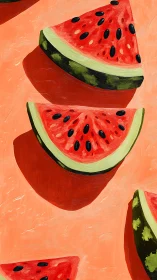 Watermelon wedges lie on peach background casting shadows