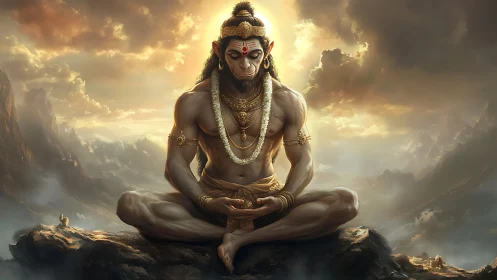 Mountain clouds cradle a meditating divine warrior monkey