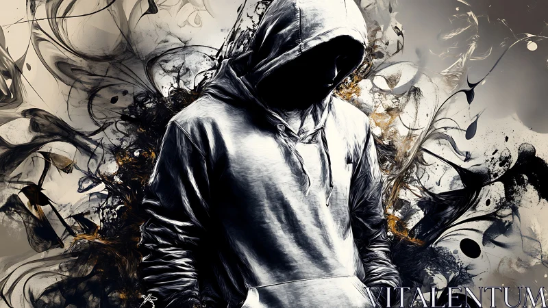 Hooded figure amid turbulent abstract ink dynamics study.