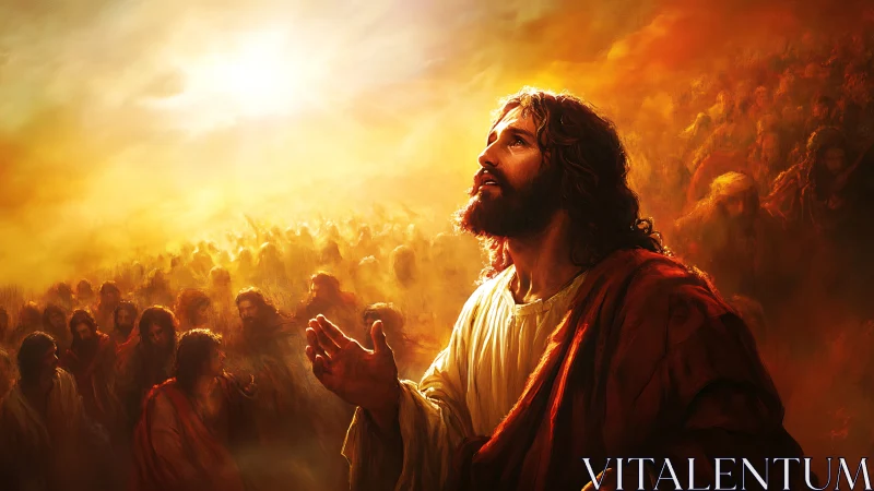 Bearded robed man looks upward toward bright glowing sky