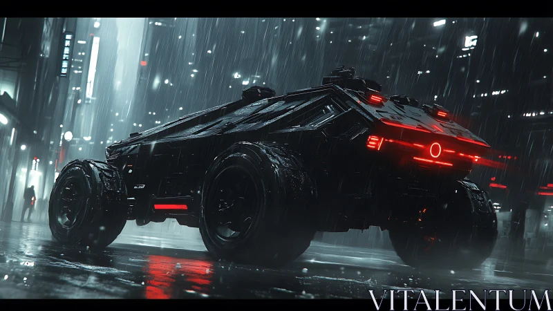 Armored cybertruck under volumetric rain in neon-lit megacity street