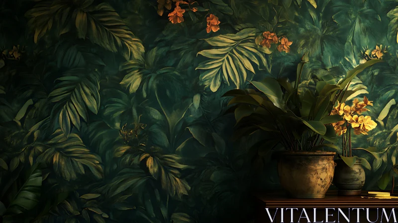 Indoor potted plants against dense tropical leaf mural wall.