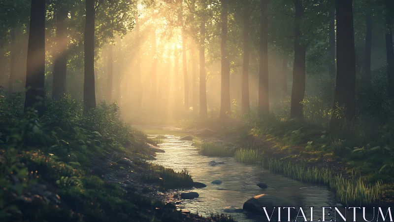 Sunlit Forest Stream: Nature's Golden Embrace.