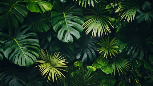 Deep jungle canopy of sculpted tropical greens in moonlit hush.