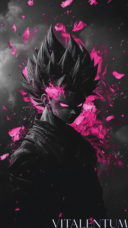 Stylized anime figure with pink energy effects in grayscale scene