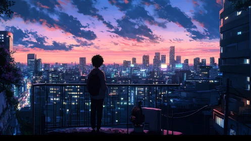 Solitary silhouetted figure observing neon city at dusk skyline