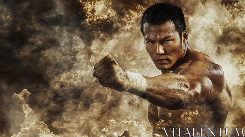 Storm-clad fighter hurls a molten punch through dusted chaos.