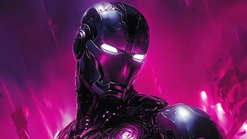 Neon armored android stands against radiant magenta energy field