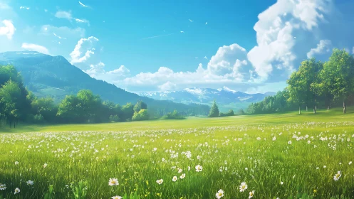 Sunlit alpine meadow under towering summer cumulus clouds.