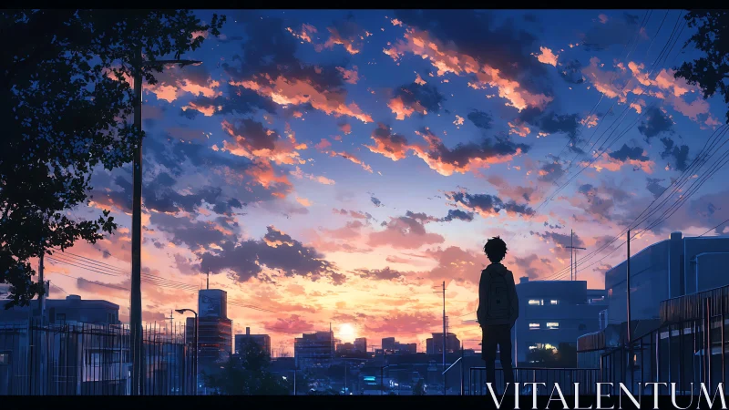 Urban sunset sky over solitary figure on city walkway.