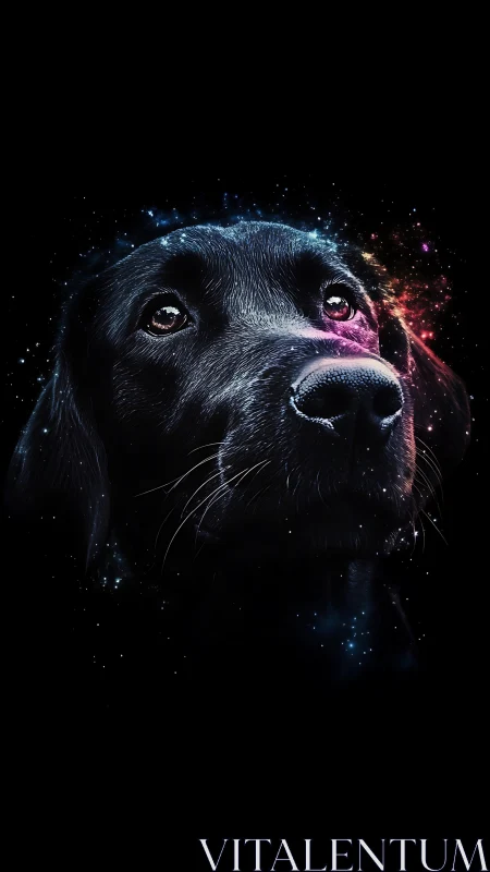 Cosmic black dog portrait merges fur detail with nebula glow