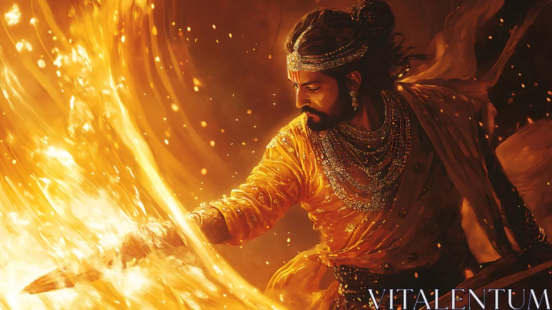 Warrior prince controls swirling golden fire in battle.