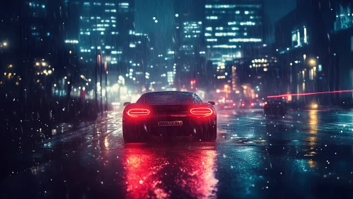 Sportscar glows through neon city rain on a reflective street