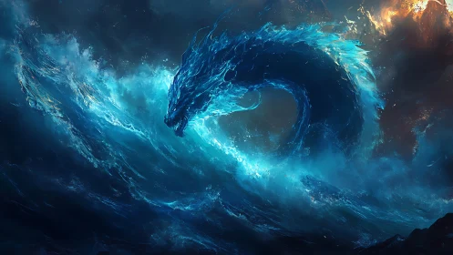 Mythic water dragon rises from storm-tossed ocean vortex