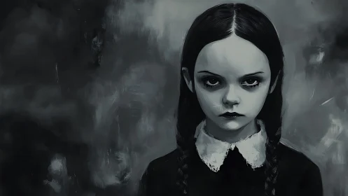 Monochrome gothic portrait of solemn braided girl, soft brushwork.