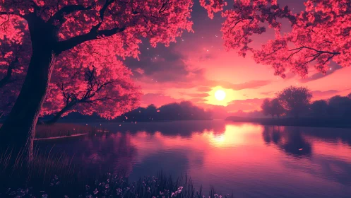 Dreamy pink sunset over a gentle riverside grove.