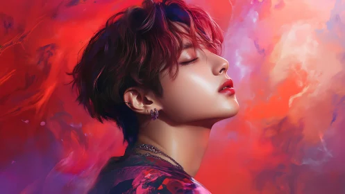 Profile portrait of androgynous youth in vivid red nebula glow