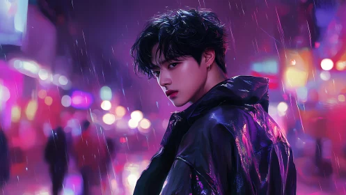 Neon rain portrait in cyberpunk city with bokeh streetscape.