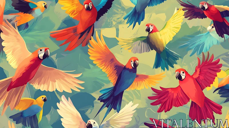 Vibrant Parrots in Flight Over Lush Jungle, Digital Art Style.