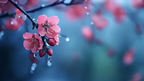 Pink Cherry Blossoms Studded with Dew Drops.