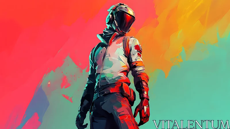 Bold space traveler stands against vivid cosmic colors