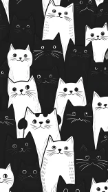 Black and white hand-drawn cat heads arranged in dense overlapping crowd composition