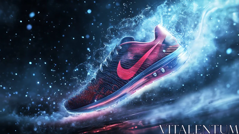 Electric neon running shoe slicing through cool mist.