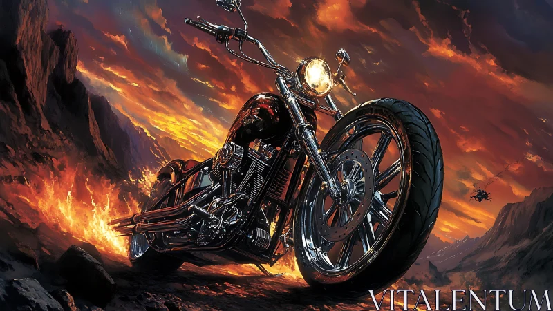 Chrome motorcycle roars through fiery canyon at sunset