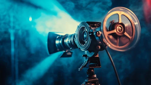 Vintage film projector casting beam through colored haze.