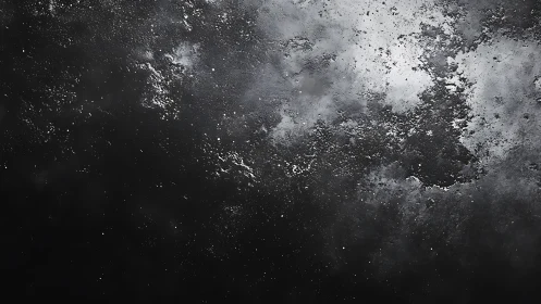 Monochrome cosmic dust cloud drifts across dark void.